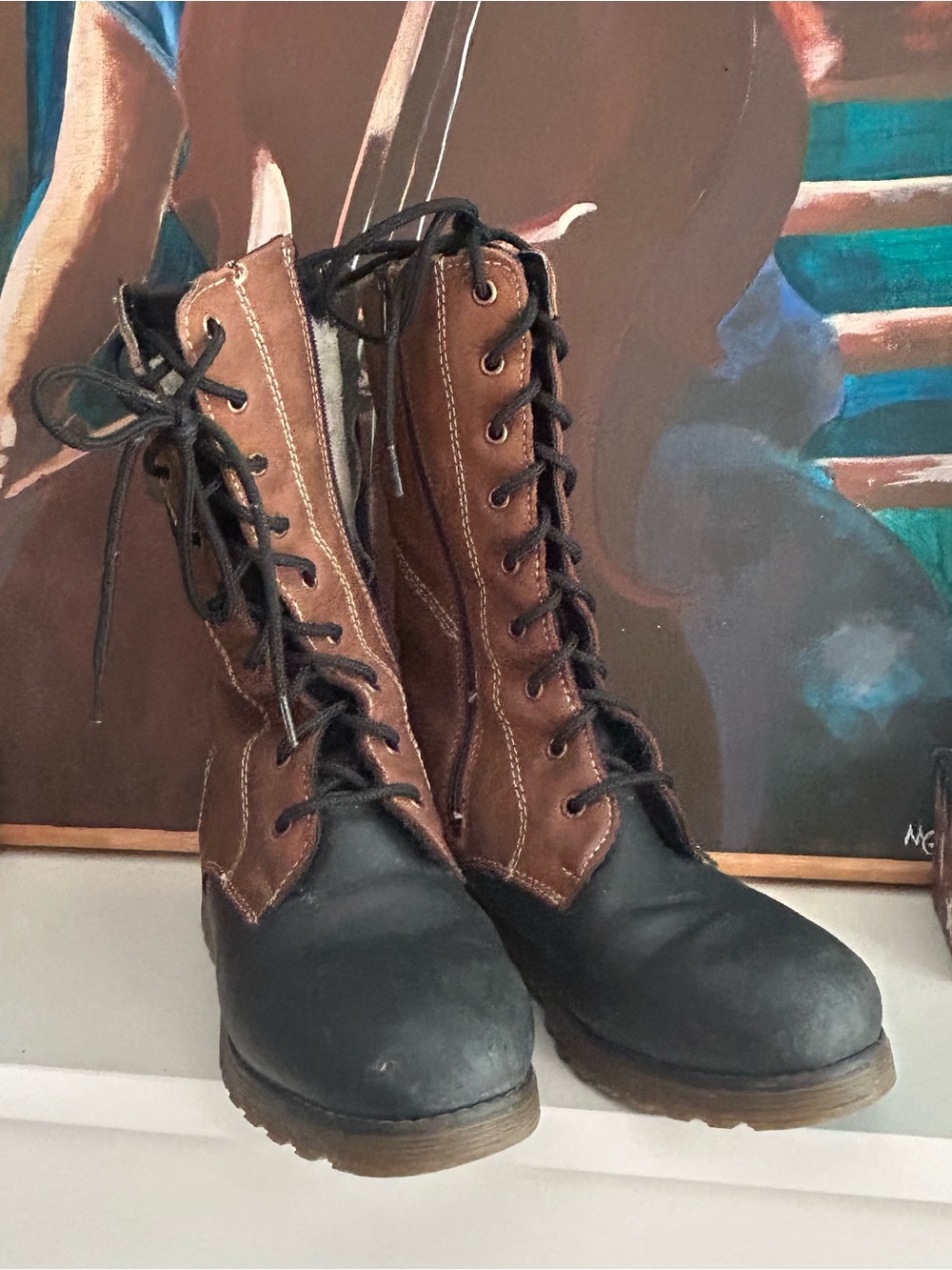 Saute Mouton Yasmine Brown Black Leather Lace Up Combat Boots Women’s 38